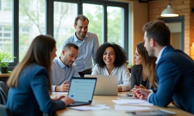 Professional team collaborating in a modern office space